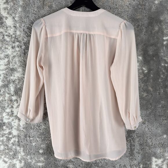 H&M Size 4 Fairy Semi Sheer Pleated Button Top Pink 3/4 Sleeve V Neck - Picture 4 of 7
